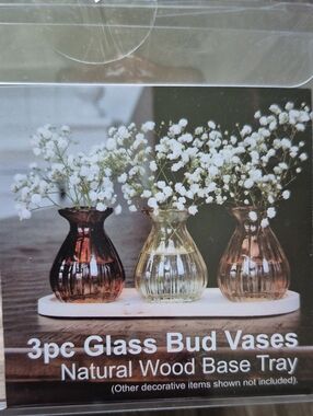New In Box! 3pc Glass Bud Vases with Wood Base - Blush and Clear